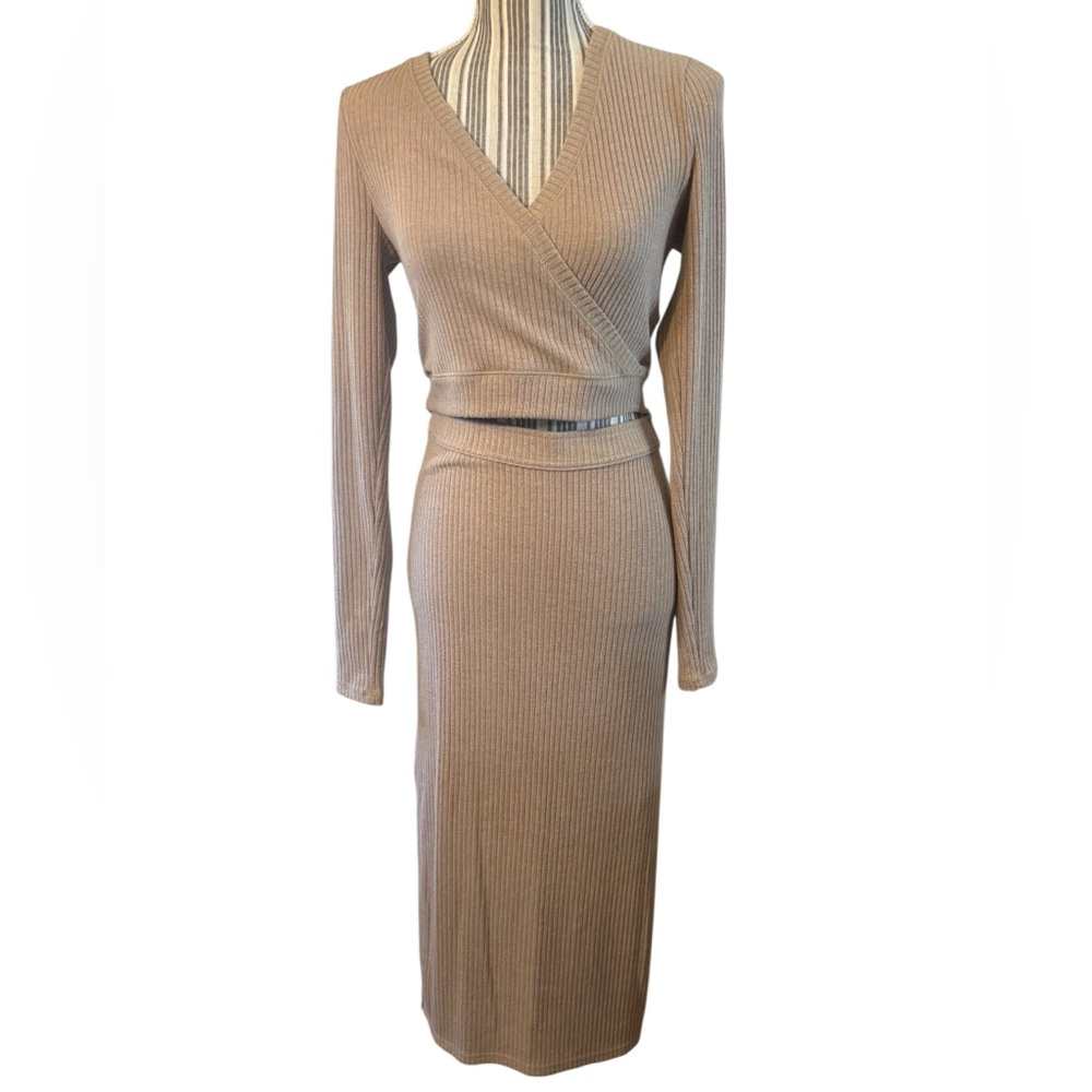 Abercrombie & Fitch Skirt SET S/M Taupe Ribbed Wrap Crop Top &Maxi Skirt Stretch